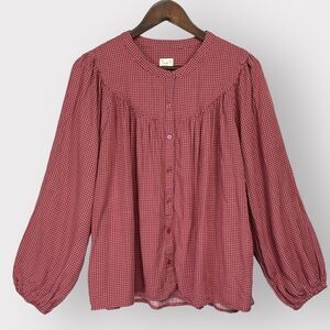 A New Day Blouse Women L Pink Dotted Yoke Button Pleated Long Sleeve B59‎